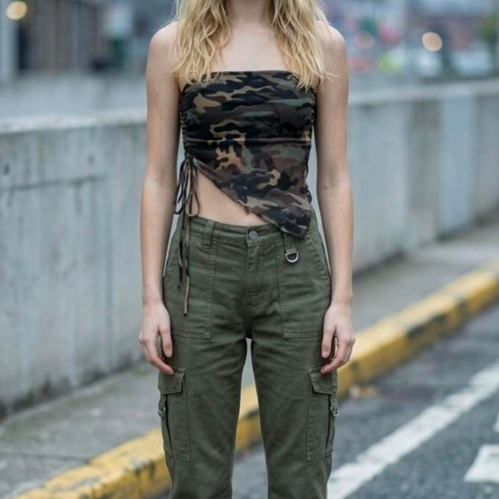See You Monday Camo Tube Crop Top Green Khaki Asymmetrical Medium